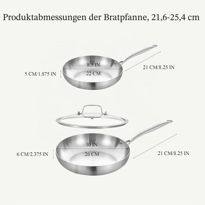 Inqibee Edelstahlpfanne Bratpfannenset Unbeschichtet 22 cm & 26 cm mit Deckel - Pfannenset Edelstahl