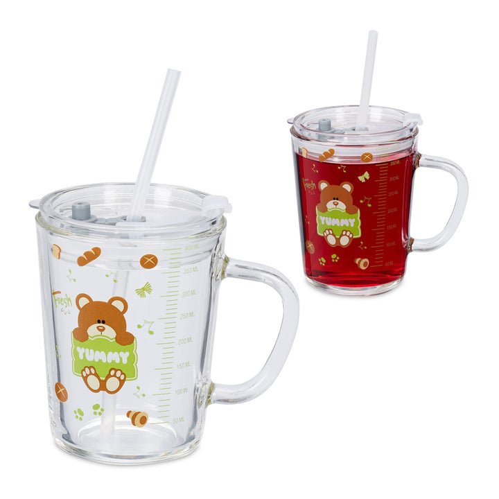 Relaxdays Kindergläser 2er Set, Bären-Motiv, Trinkglas Kinder, mit Henkel, Deckel & Strohhalm, 400 m