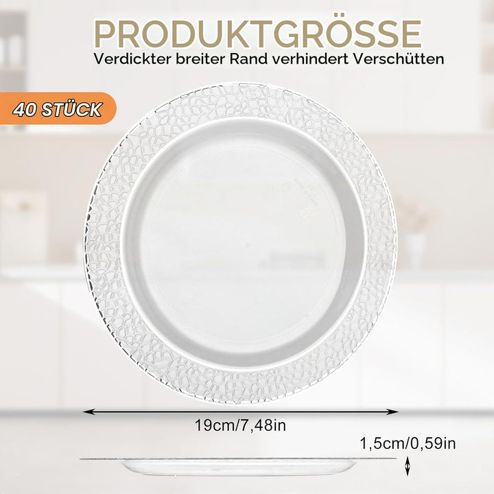 AKOLAFE 40 Weisse Plastikteller mit Silbernem Rand, 19cm Mehrweg Kunststoffteller Stabiles Plastik T