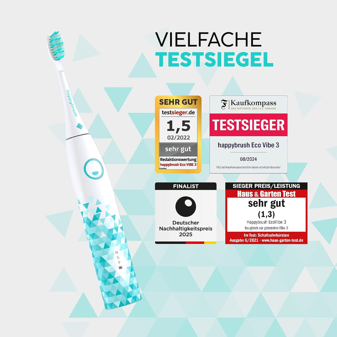 happybrush® Elektrische Schall-Zahnbürste Eco VIBE 3 - Nachhaltige Zahnbürste mit 6 Wochen Power-Akk