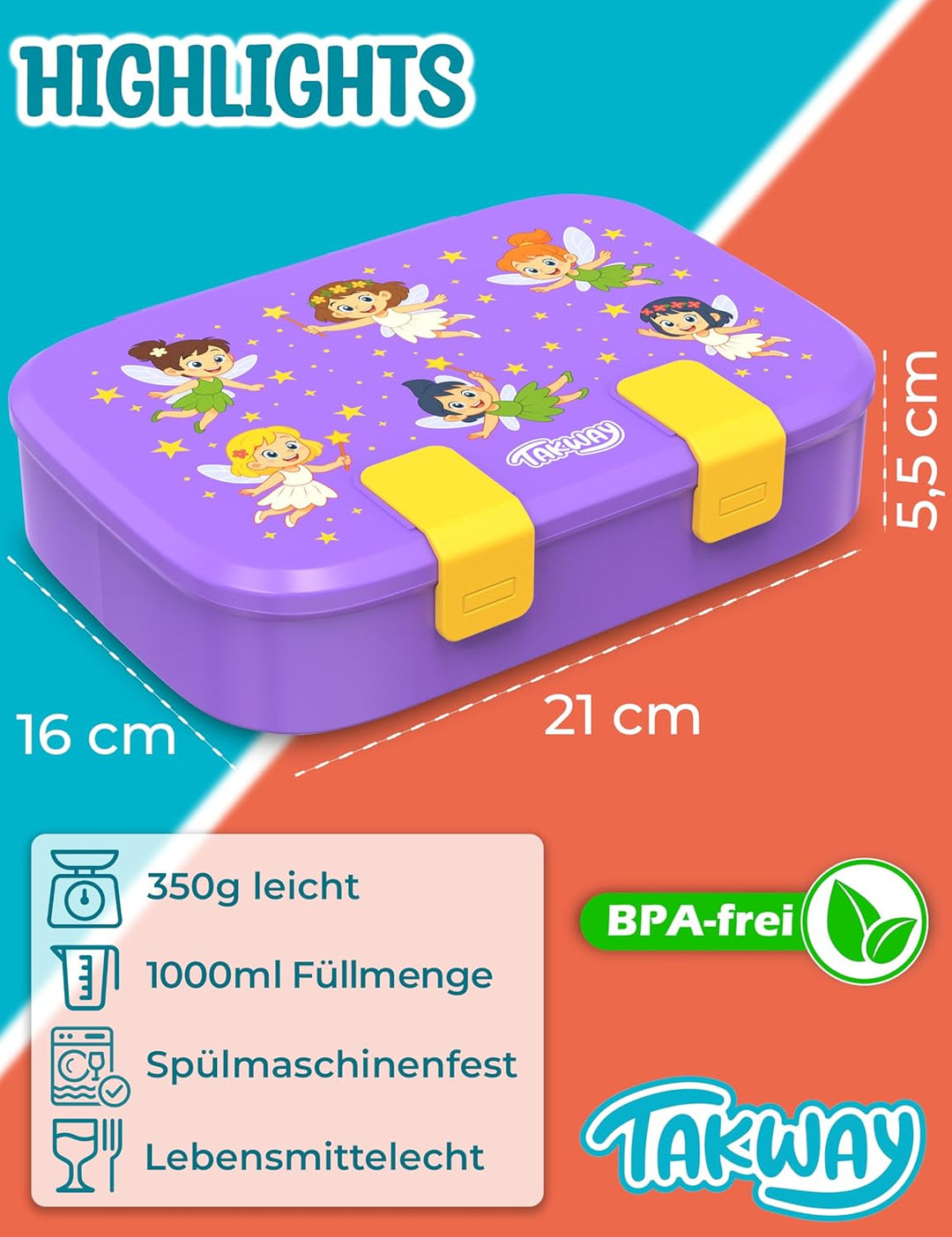 Brotdose Kinder mit Fächern - Bento Box Lunchbox BPA Frei - robust & leicht zu öffnen (Fee), Fee