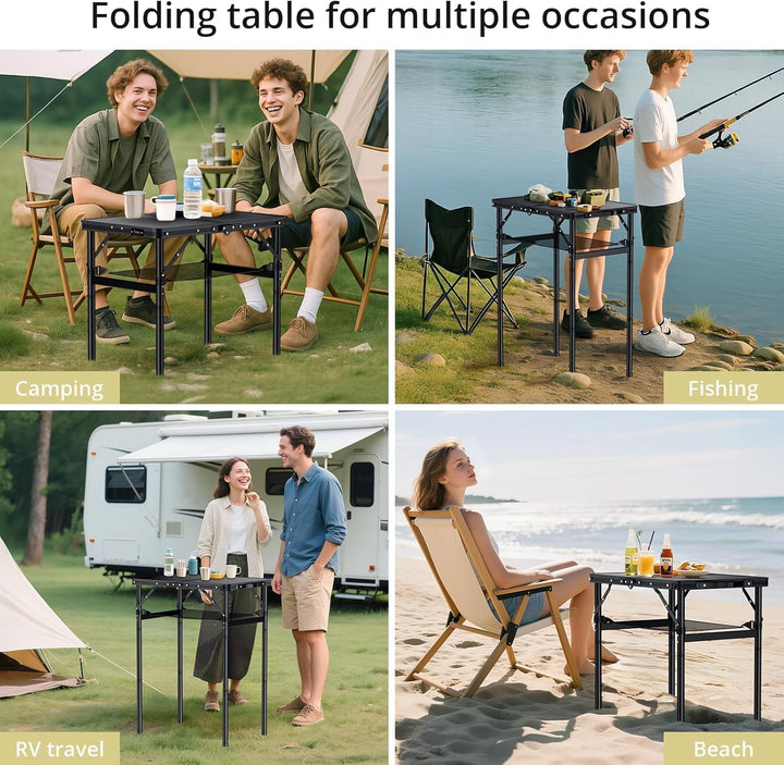 Anbte Campingtisch Klappbar 60x40cm Aluminium Rahmen mit 3 Höhen Verstellbar 27.3/51/74.7cm mit Aufb