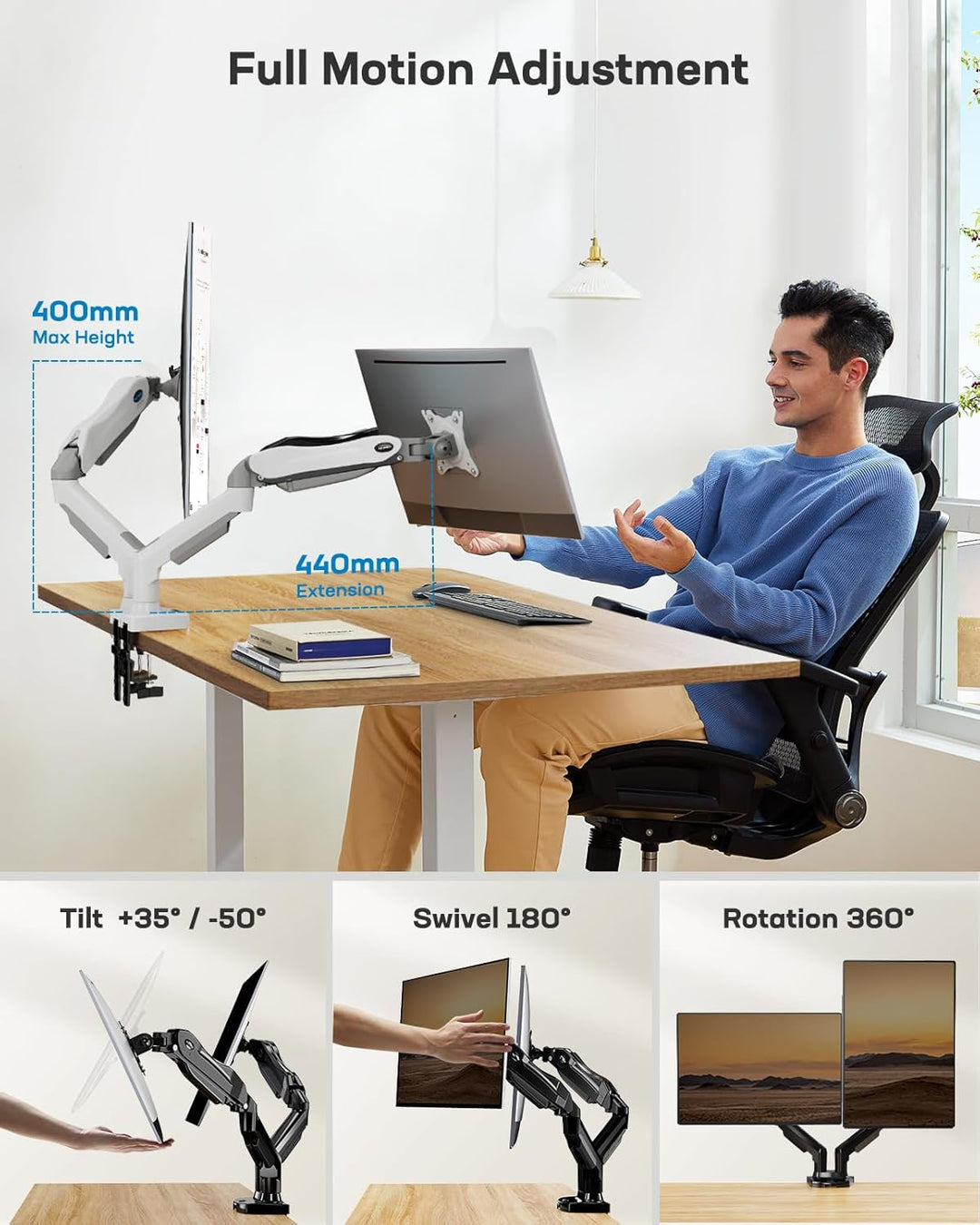 HUANUO Weiss Monitorhalterung Für 2 Monitore, Geeignet Für 13 Bis 32 Zoll Bildschirme, Höhenverstell