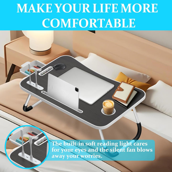 Soontrans Laptoptisch, 60 x 40 x 28 cm, Laptop Tisch mit Schublade, Getränkehalter, Kleiner Ventilat