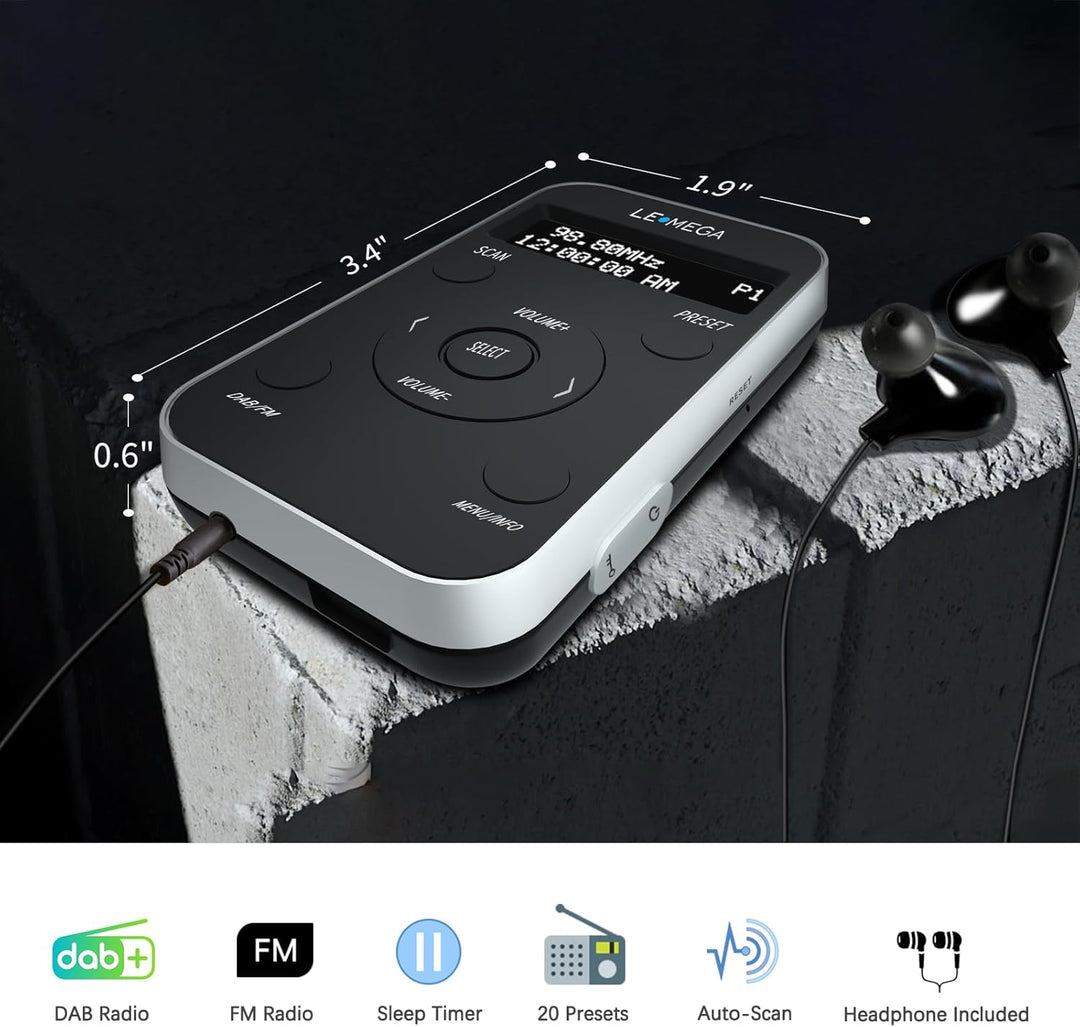 LEMEGA PR1L Taschen-DAB-Radio, FM-Radio, tragbares DAB+-Radio, inkl. Kopfhörer, wiederaufladbare Bat