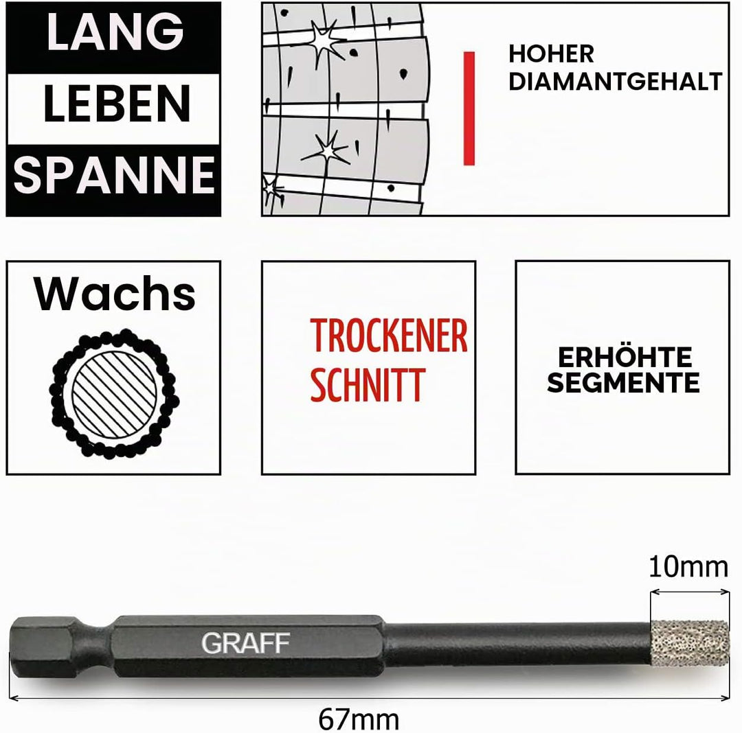 GRAFF Diamantbohrer Fliesenbohrer Set 6 I 8 I 10 mm für Fliesen Glas Кeramik Granit Stein - Feinstei
