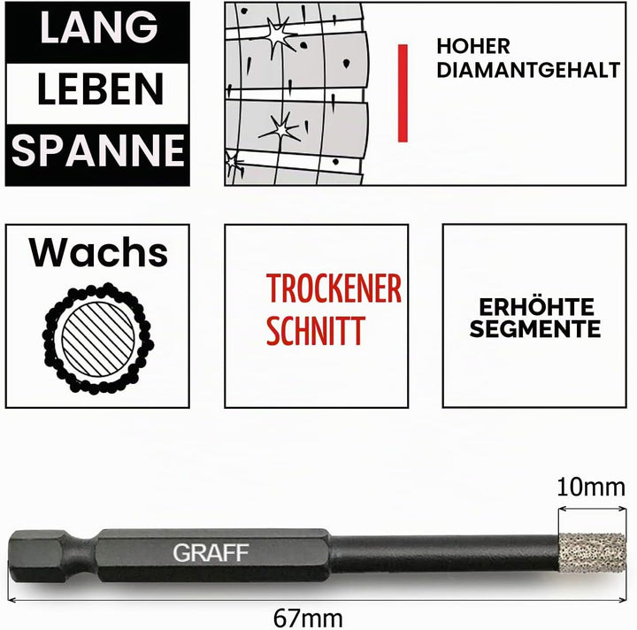 GRAFF Diamantbohrer Fliesenbohrer Set 6 I 8 I 10 mm für Fliesen Glas Кeramik Granit Stein - Feinstei
