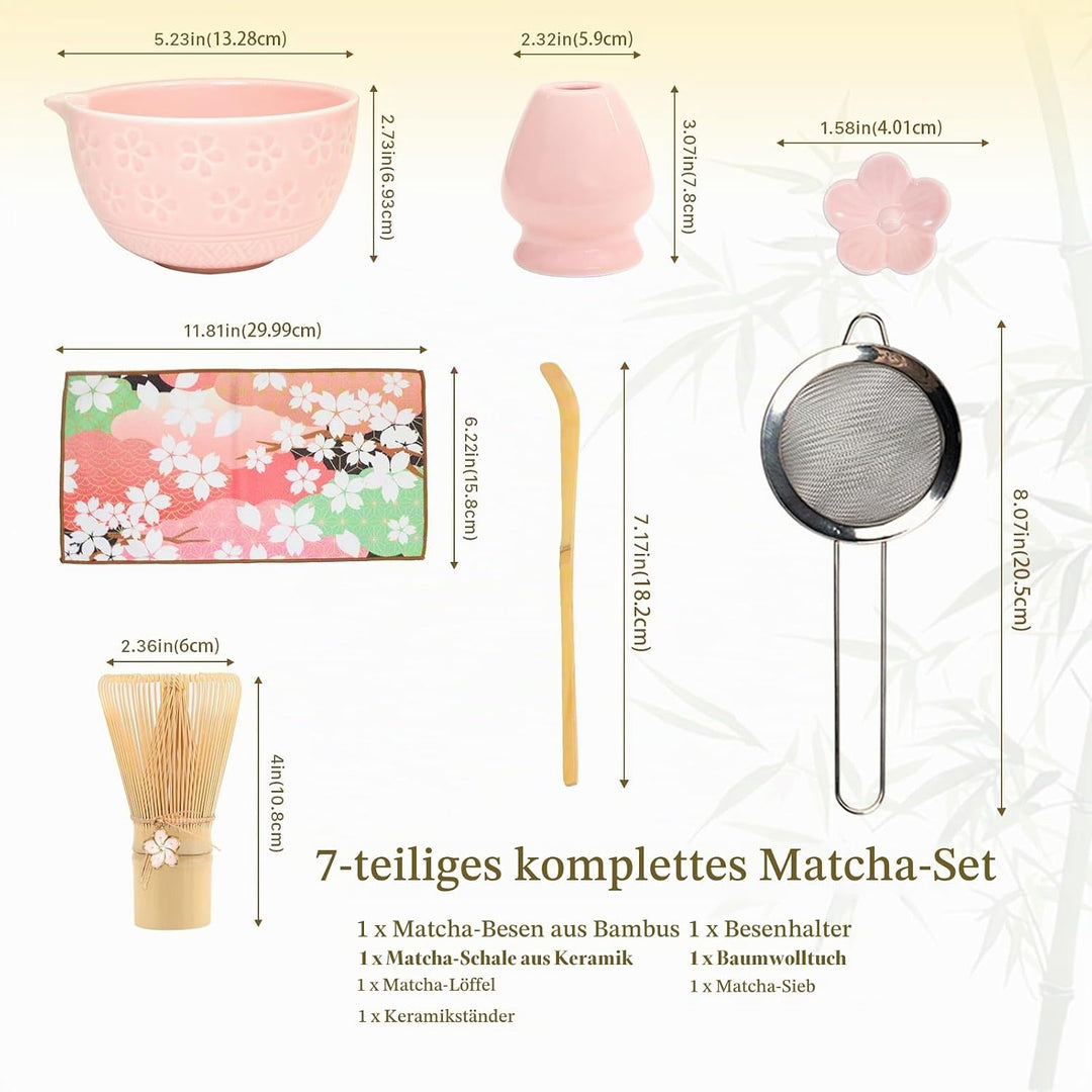 Matcha Set Handgedrehtes Macha Tea Set mit Bambus Matcha Besen, Keramik Matcha Schale, Löffel und Ha