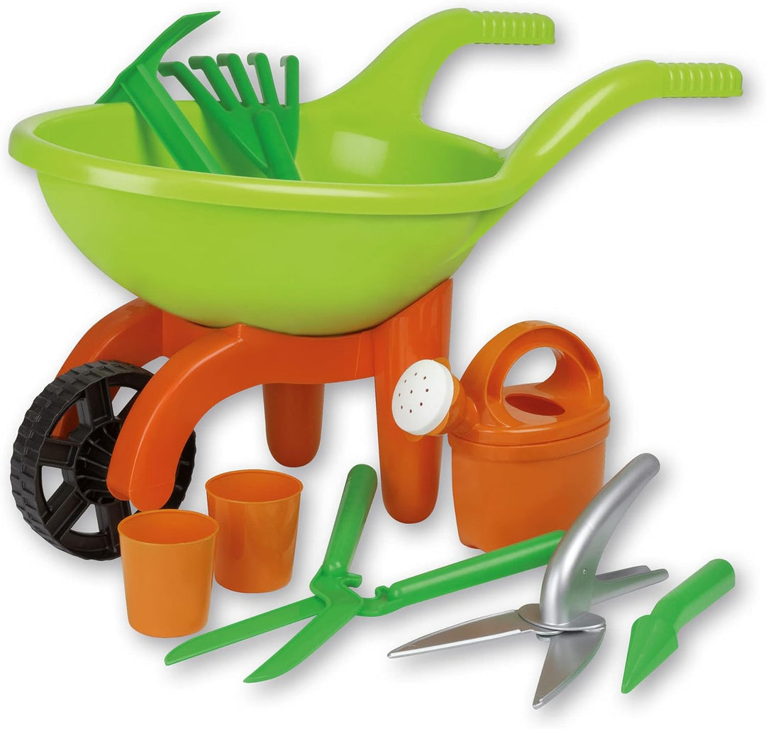 Simba 107137758 - Schubkarre mit Gartenwerkzeug, 9 Teile, Länge 49cm, Sandkasten, Sandspielzeug