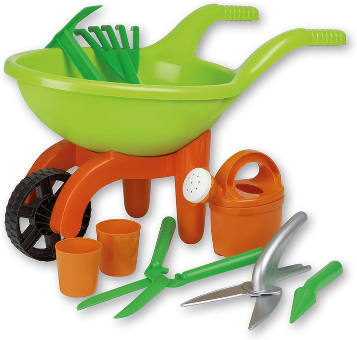 Simba 107137758 - Schubkarre mit Gartenwerkzeug, 9 Teile, Länge 49cm, Sandkasten, Sandspielzeug