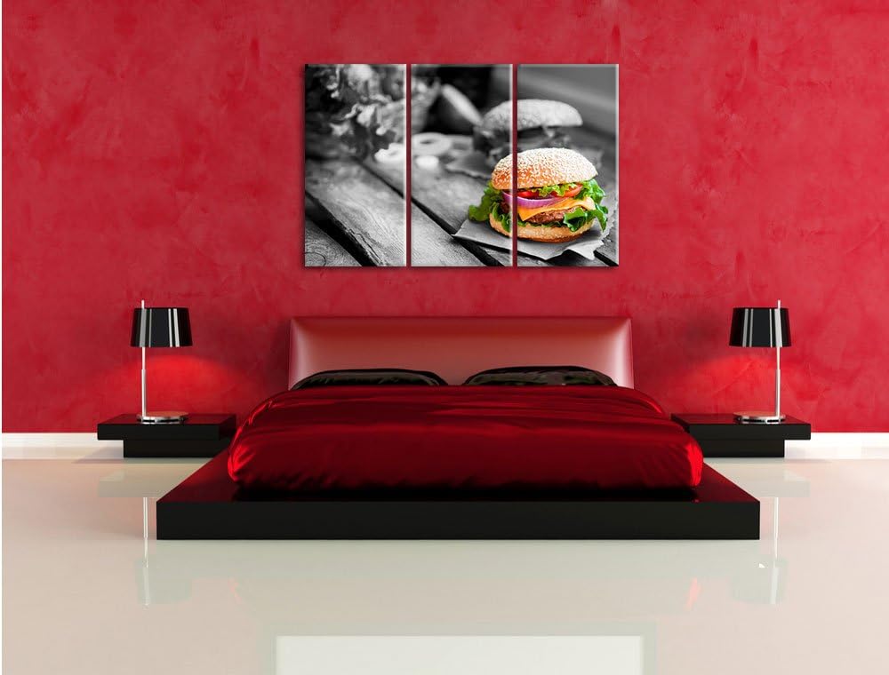 Pixxprint Leckere Burger als Leinwandbild | Grösse: 3 Teilig (120x80) | Wandbild| Kunstdruck | ferti