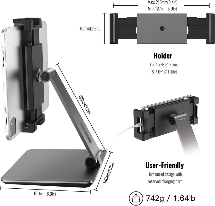 QinCoon Tablet Ständer, Verstellbar Heavy Duty Aluminium Halterung, 360° Drehen Faltbar Metall Table