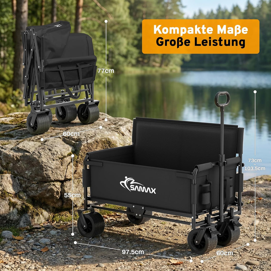 SAMAX Bollerwagen bis 200kg - 2in1 mit Bank - Faltbarer Handwagen Gartenwagen Strandwagen - Klappbar