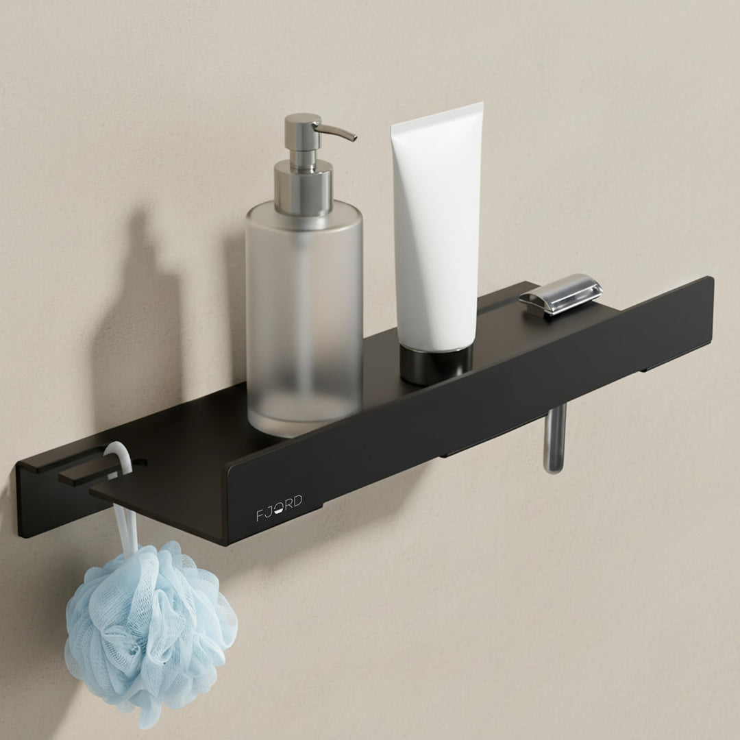FJORD Flow Premium Duschablage ohne Bohren [Matt Schwarz] – Design Duschregal mit integriertem Rasie