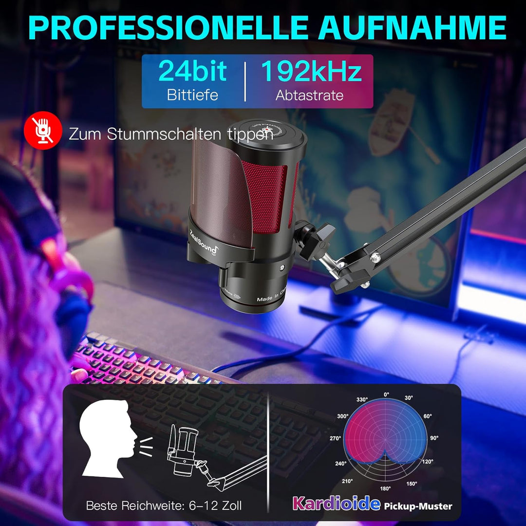 ZealSound USB Gaming Mikrofon für PC/Mac/Handy mit 2 Ständer & 2 Adapters, 192kHz/24bit mit Noise Ca