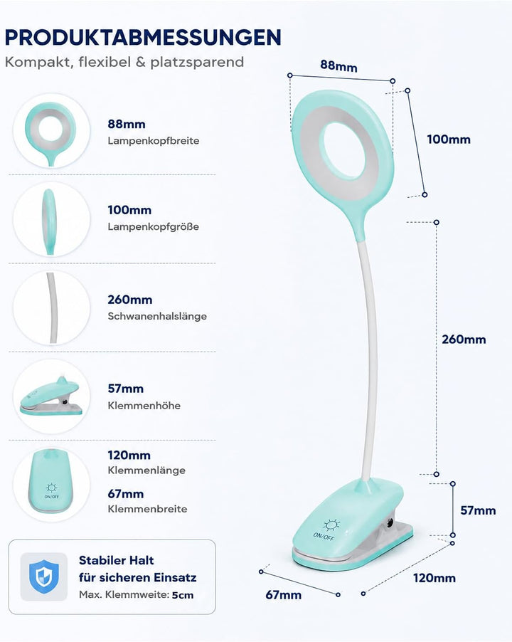 Klemmlampe Bett, LED Leselampe Bett Touch Dimmbar 3 Farben Bettlampe Klemmleuchte Augenschutz Schwan