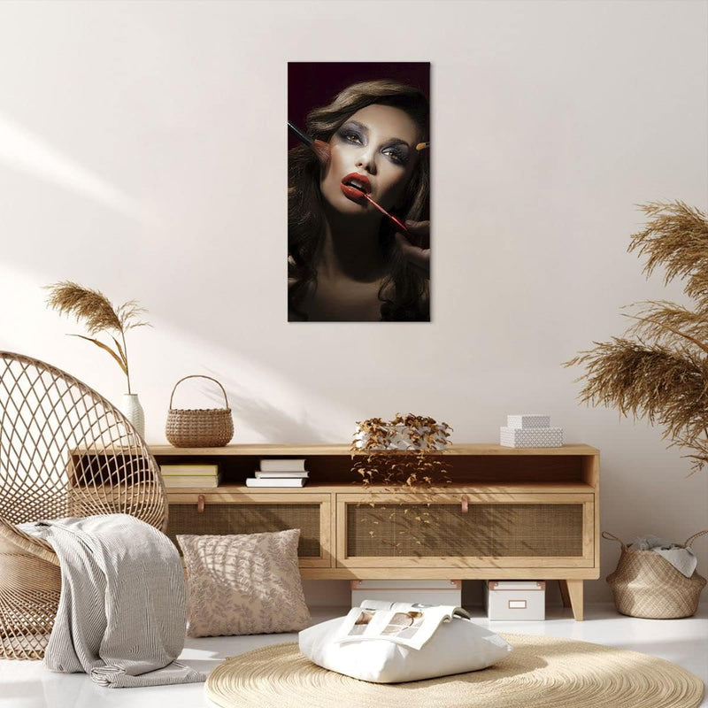 Bilder auf Leinwand 55x100cm Leinwandbild mit Rahmen Frau Make-up schön Gross Wanddeko Bild Schlafzi