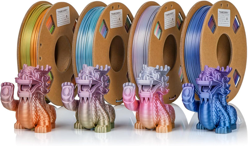 Silk Rainbow PLA Filament 1.75mm Combipack, TINMORRY 3D Drucker Filament Bundle, 250g x 4 Spulen Sil