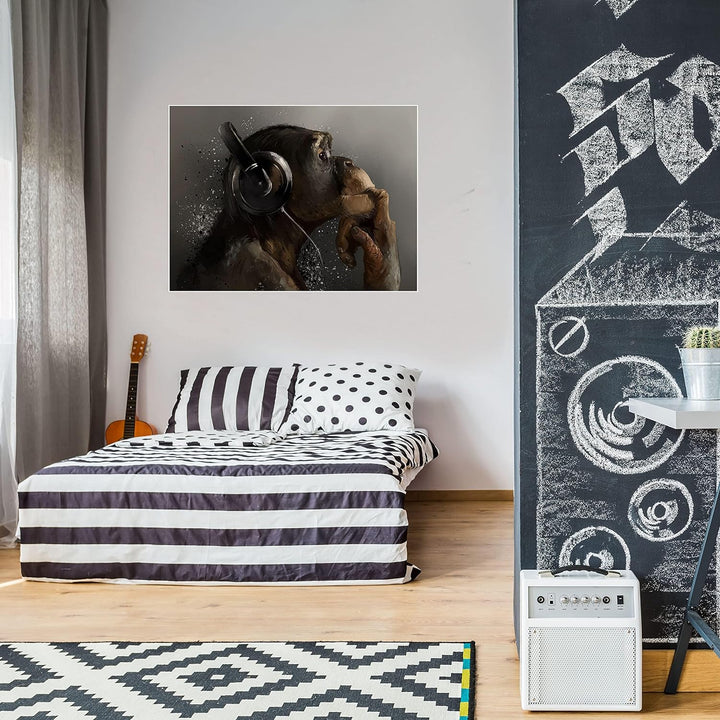 wandmotiv24 Poster als Wanddeko, Grösse 80x60cm, AFFE mit Kopfhörer, Headset, Musik, Tiere, Affen, M