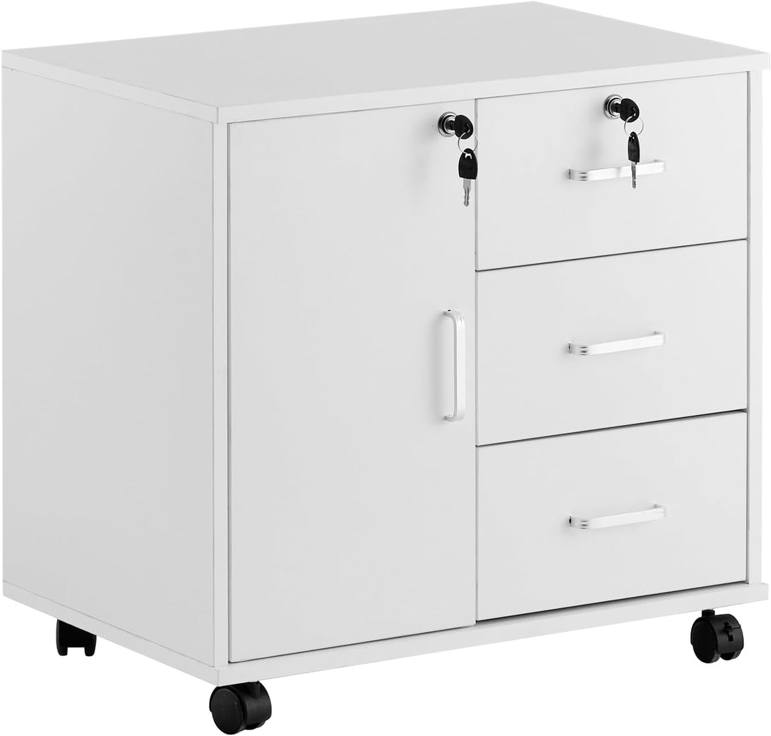 ZBAOLTO Rollcontainer Aktenschrank aus Holz, Abschliessbar Büroschrank mit 3 Schubladen und Tür, Ver