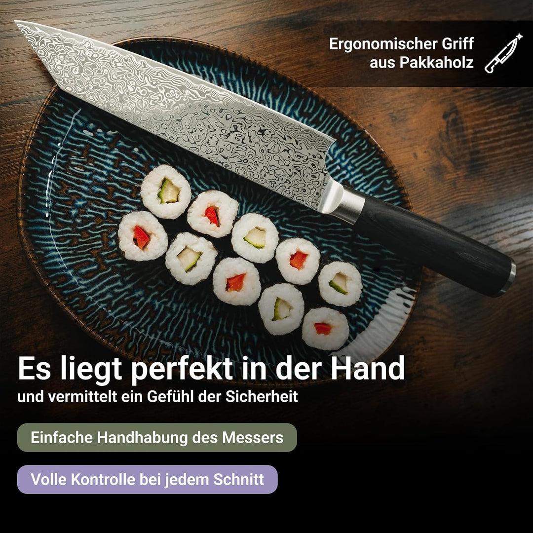 FIVI Damast Kiritsukemesser YUNO | Präzises Küchenmesser aus VG10 Damaszenerstahl (60 HRC) mit Rever