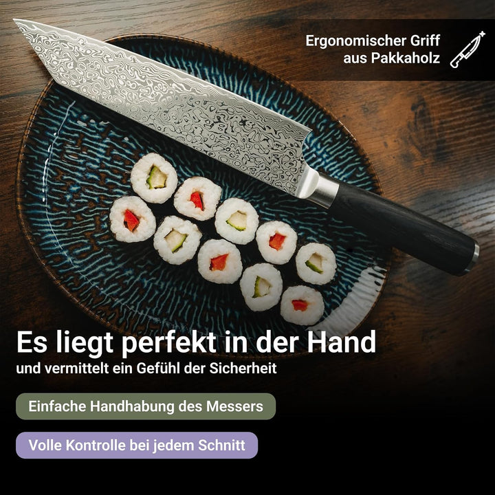 FIVI Damast Kiritsukemesser YUNO | Präzises Küchenmesser aus VG10 Damaszenerstahl (60 HRC) mit Rever