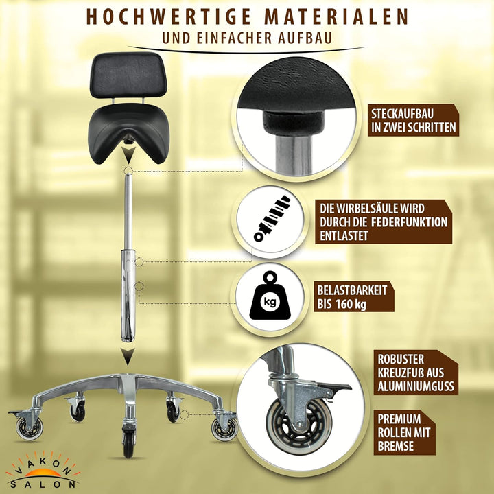 Premium Sattelhocker schwarz mit Bremse und Lehne, Sattelstuhl für Rückenentlastung, Rollhocker höhe