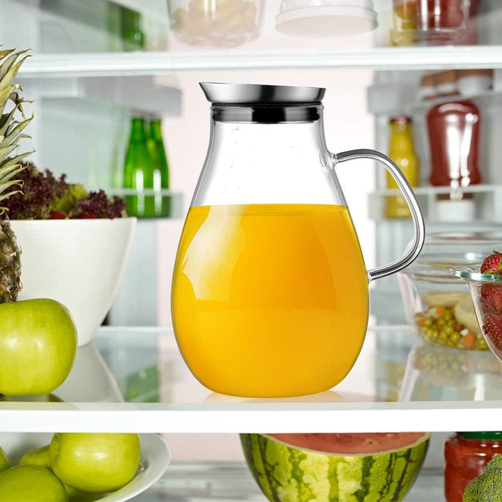 Ehugos Glaskaraffe Wasserkrug aus Borosilikatglas Wasserkaraffe mit Edelstahl Deckel Glaskrug (2L),