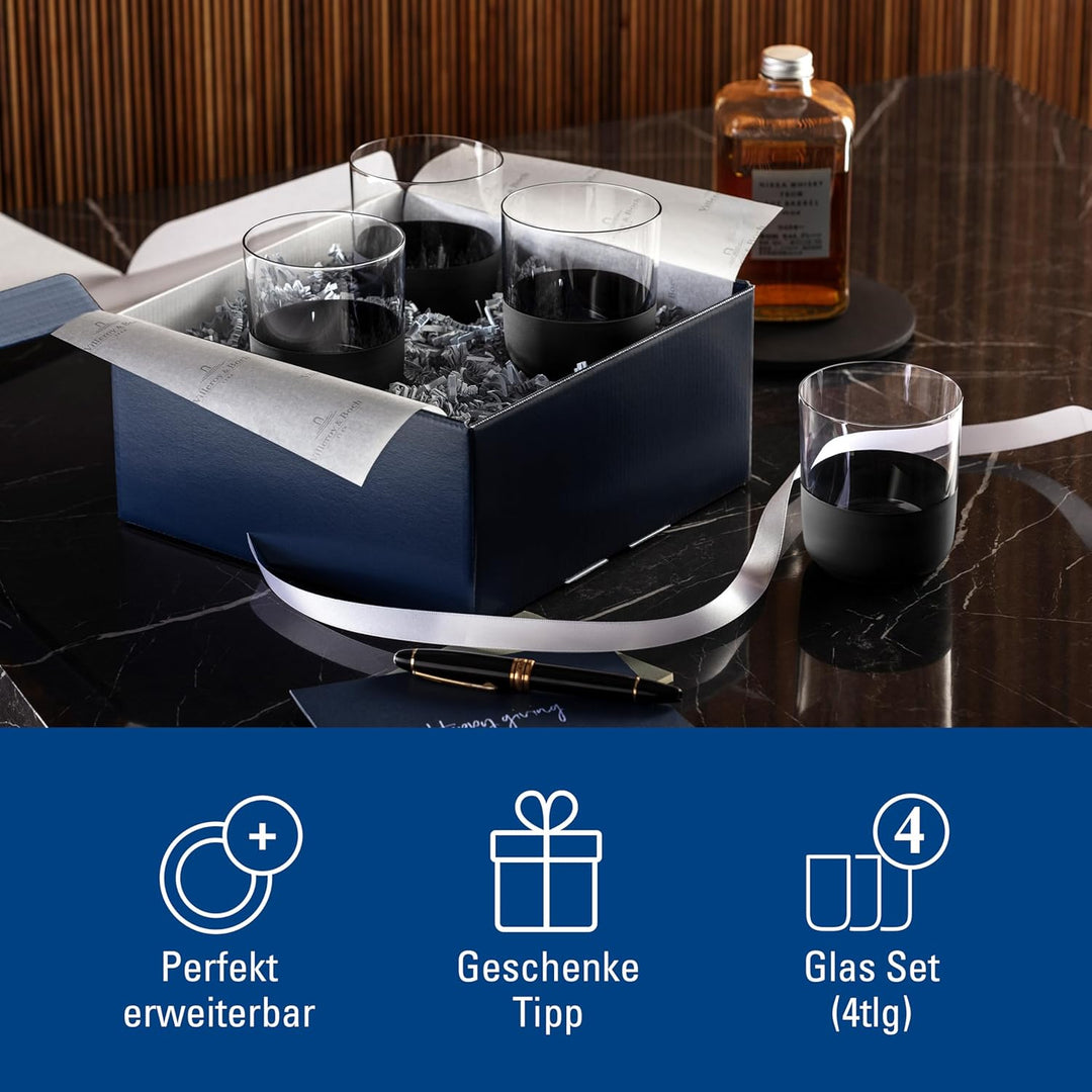 Villeroy & Boch – Manufacture Rock Whiskybecher Set, 4 teilig, Kristallglas mit mattschwarzem Boden,