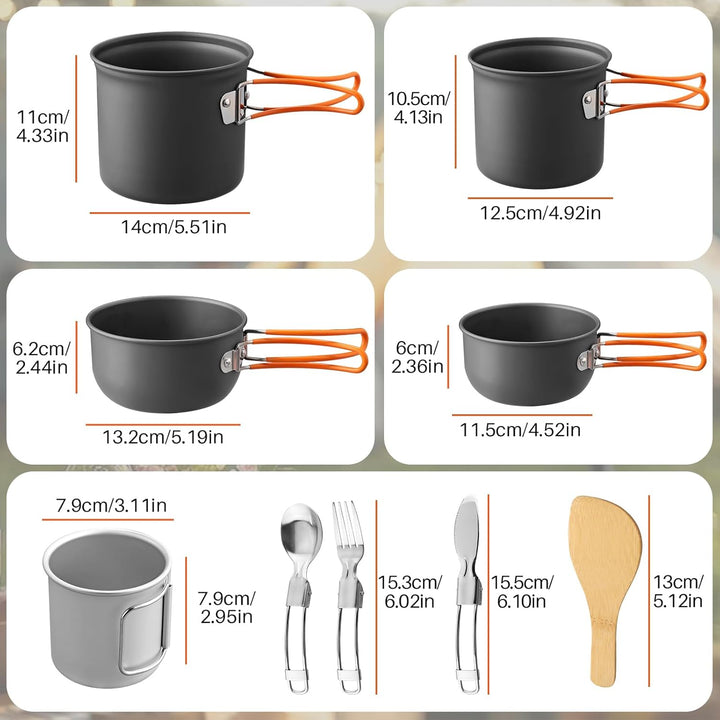 FUNYKICH 19 PCS Camping Geschirr Set, Camping Kochgeschirr Aluminium Pfanne Becher Herdplatte Reislö
