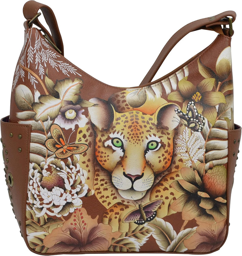 Anuschka Klassische Handbemalte Hobo Tasche aus echtem Leder mit beschlagenen Seitenfächern Cleopatr