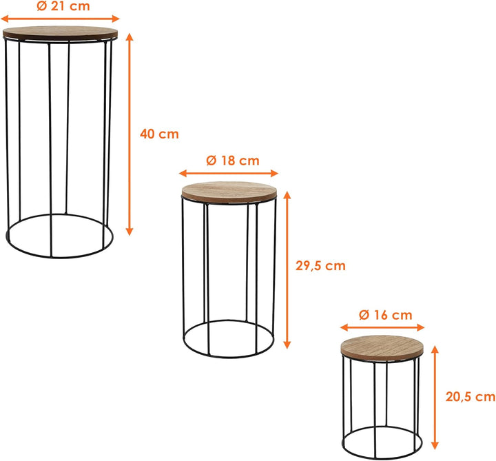 Holz Blumenhocker rund 3er Set - Ø 16 / 18 / 21 cm - Pflanzenständer mit Metall Gestell - Blumensäul