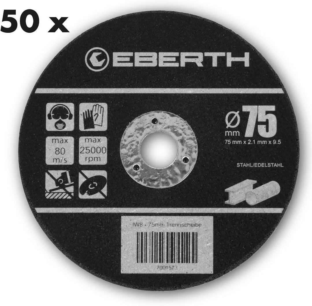 EBERTH 50 Stück Trennscheibe Ø 75mm für Inox, 9,5mm Aufnahme, 2,1mm Blattstärke, Aluminiumoxid, Sche