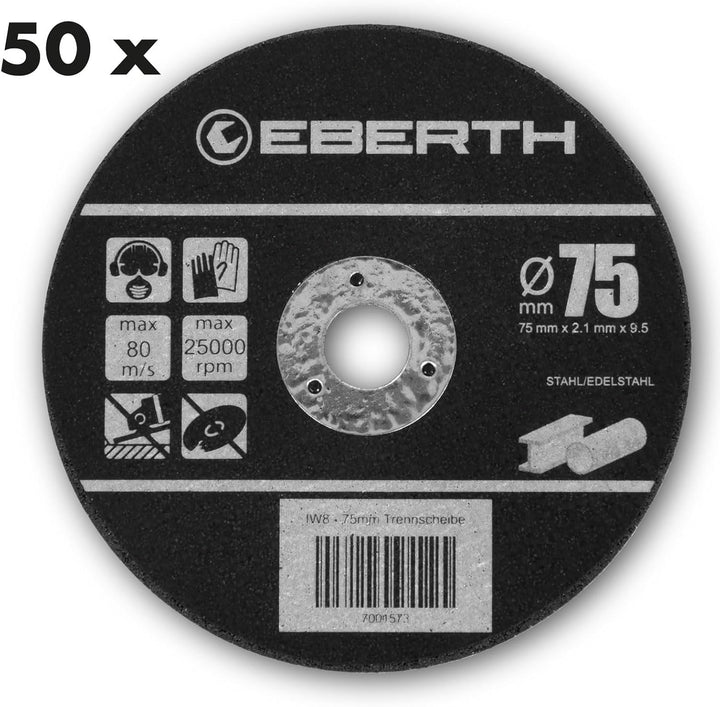 EBERTH 50 Stück Trennscheibe Ø 75mm für Inox, 9,5mm Aufnahme, 2,1mm Blattstärke, Aluminiumoxid, Sche