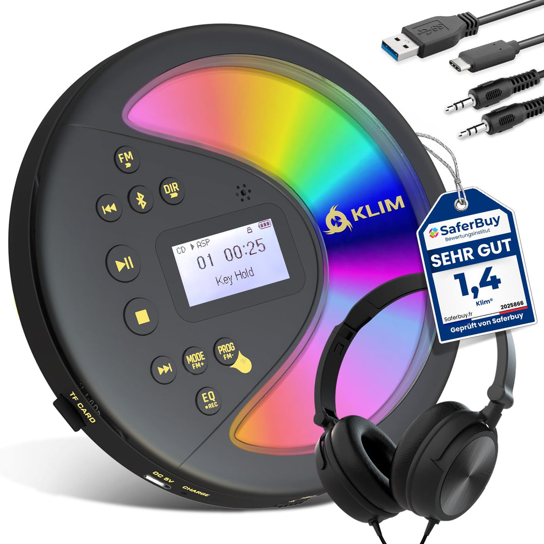 KLIM Discover Mit Kopfhörern - Tragbarer CD-Player mit langlebigem Akku - Kompatibler MP3-CD-Player