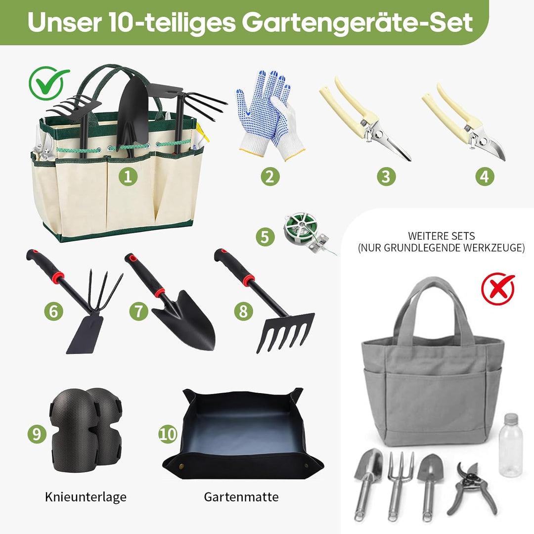 GPANDAG Gartenwerkzeug Set - 10 teilig Gartengeräte Set mit rutschfestem Griff, Gartenset zum Pflanz