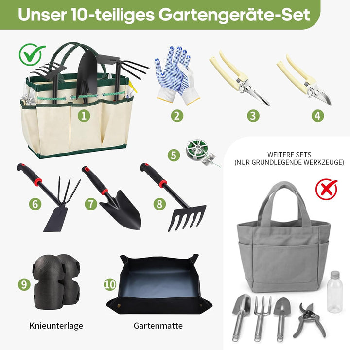 GPANDAG Gartenwerkzeug Set - 10 teilig Gartengeräte Set mit rutschfestem Griff, Gartenset zum Pflanz