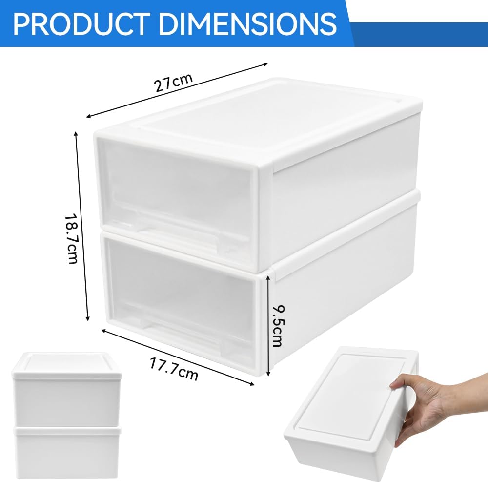 2 Stück 4,5L Schubladenbox Kunststoff Transparent-Weiss Aufbewahrungsbox mit Schubladen Stapelbare S