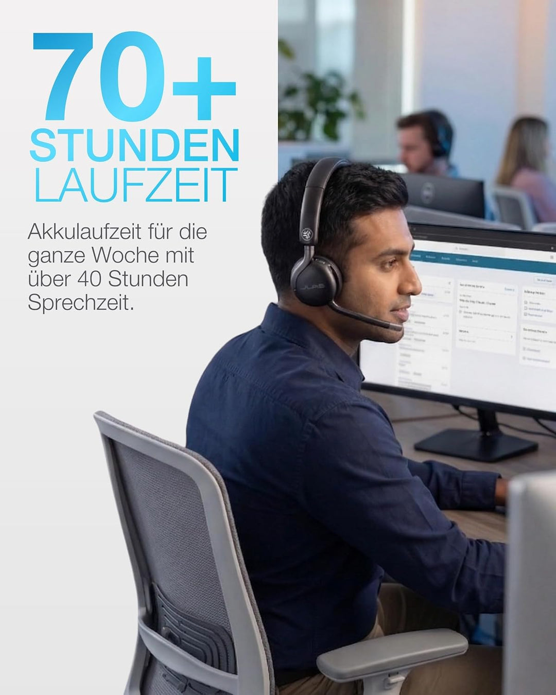 JLab Go Work 3 Bluetooth Headset mit Mikrofon - 70+ h, On-Ear, 18 Stück | USB-C Dongle, Geräuschunte