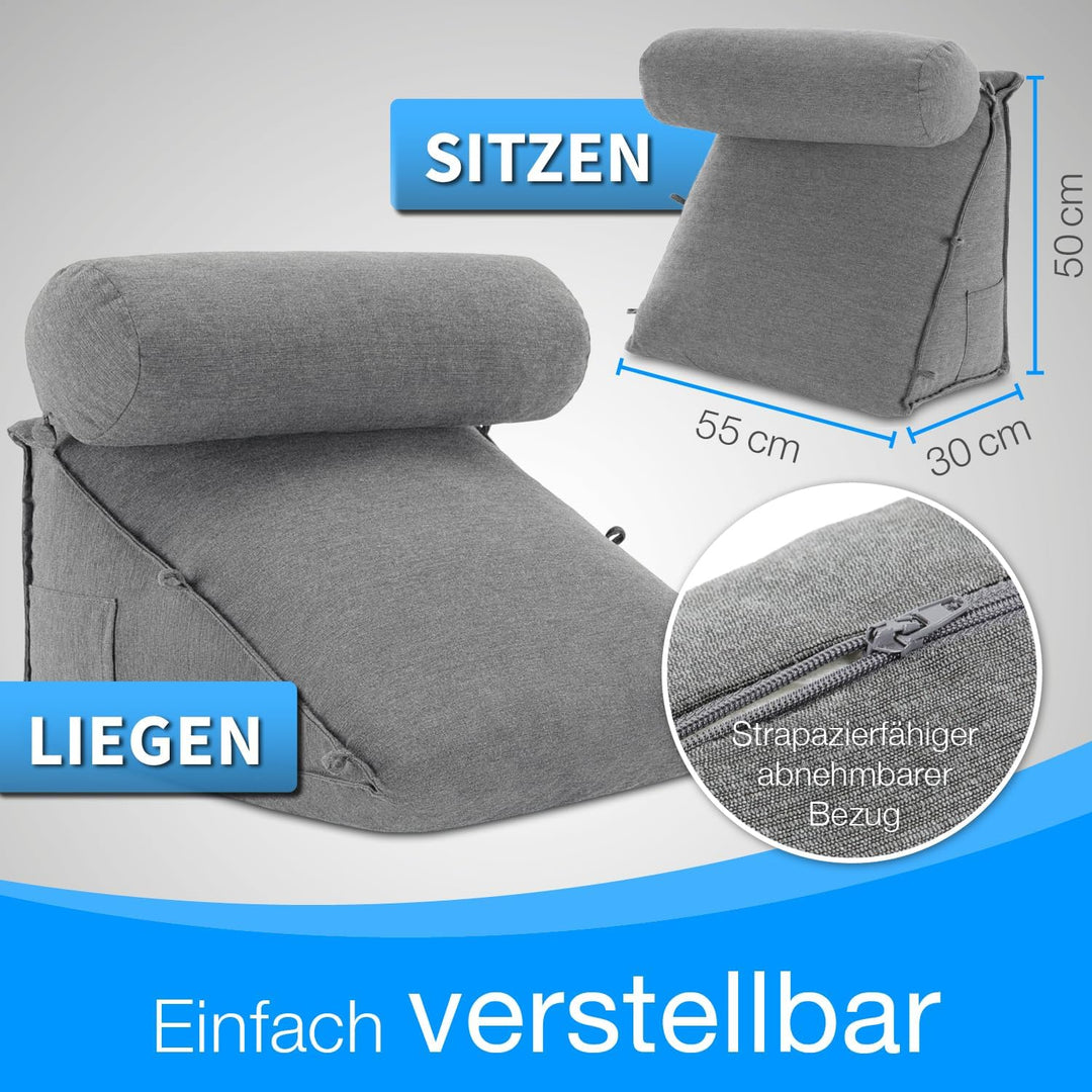 maxVitalis Rückenkissen Bett/Sofa mit Abnehmbarer Nackenrolle und Seitentasche, Rückenstützkissen mi