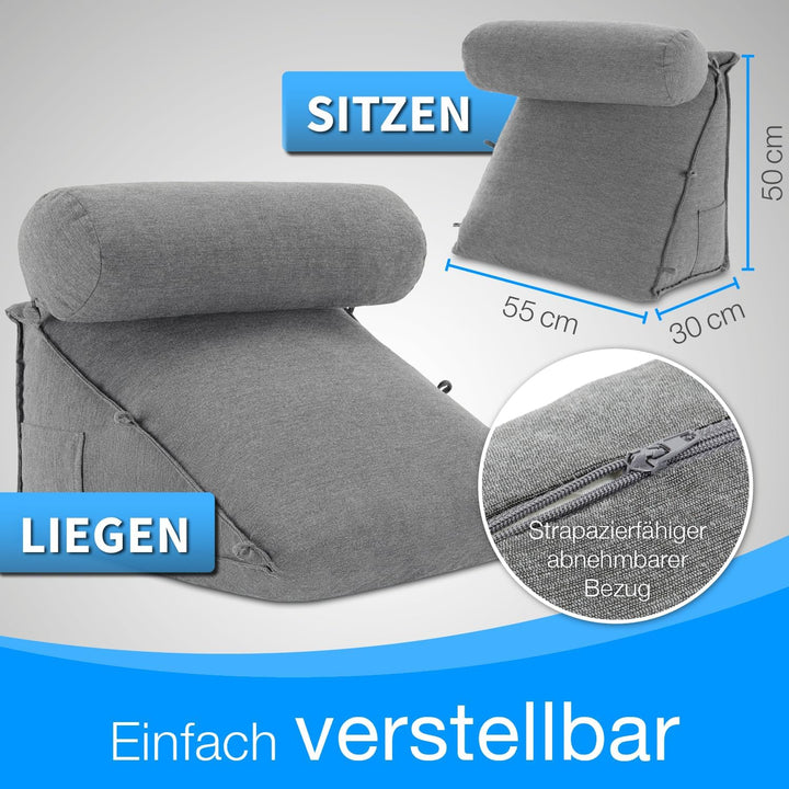 maxVitalis Rückenkissen Bett/Sofa mit Abnehmbarer Nackenrolle und Seitentasche, Rückenstützkissen mi