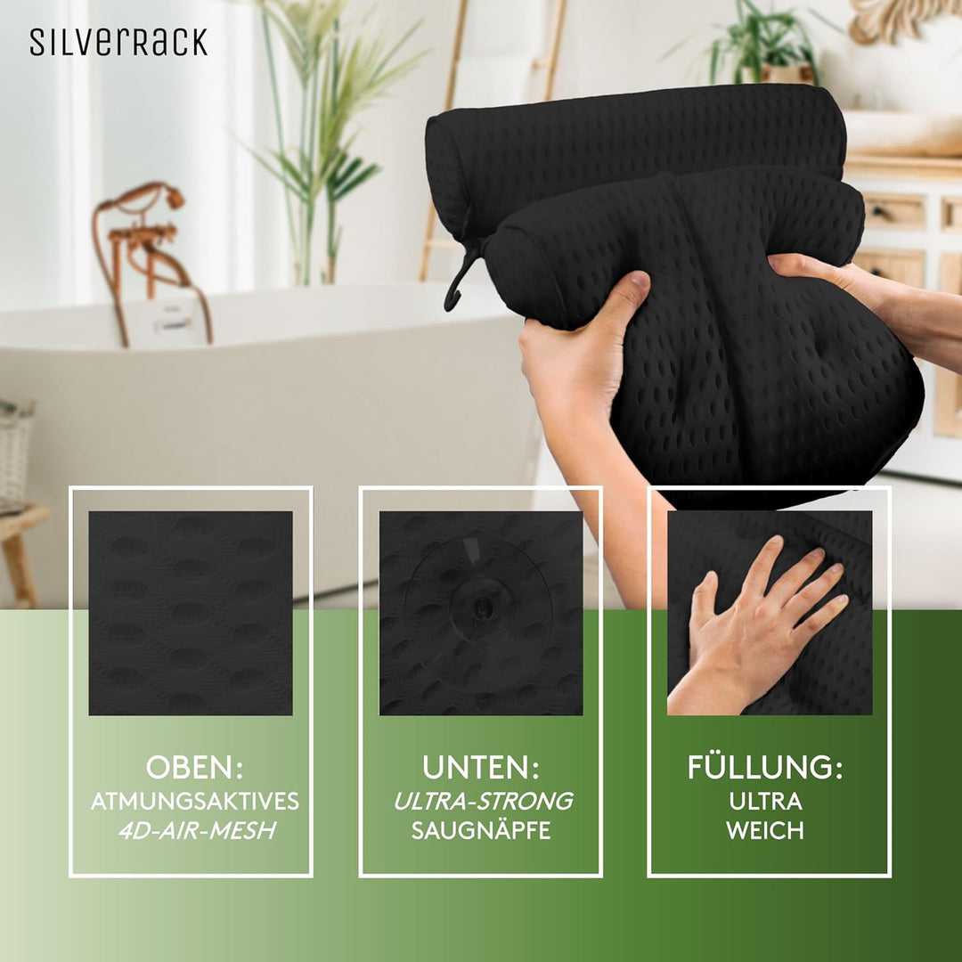 SilverRack Badewannenkissen MEDIUM-WEICH [Schwarz 4D] - Nackenkissen für Badewanne mit Saugnäpfen al