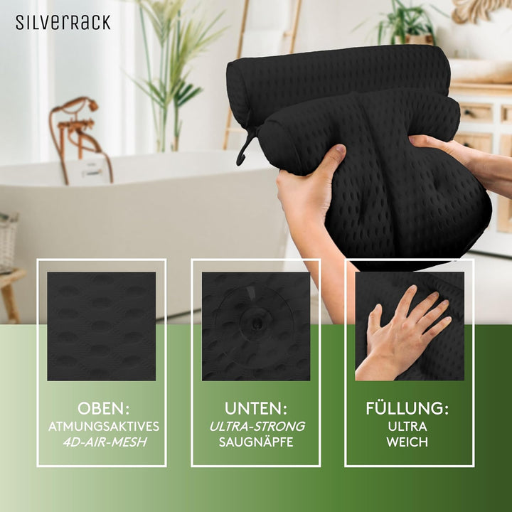 SilverRack Badewannenkissen MEDIUM-WEICH [Schwarz 4D] - Nackenkissen für Badewanne mit Saugnäpfen al