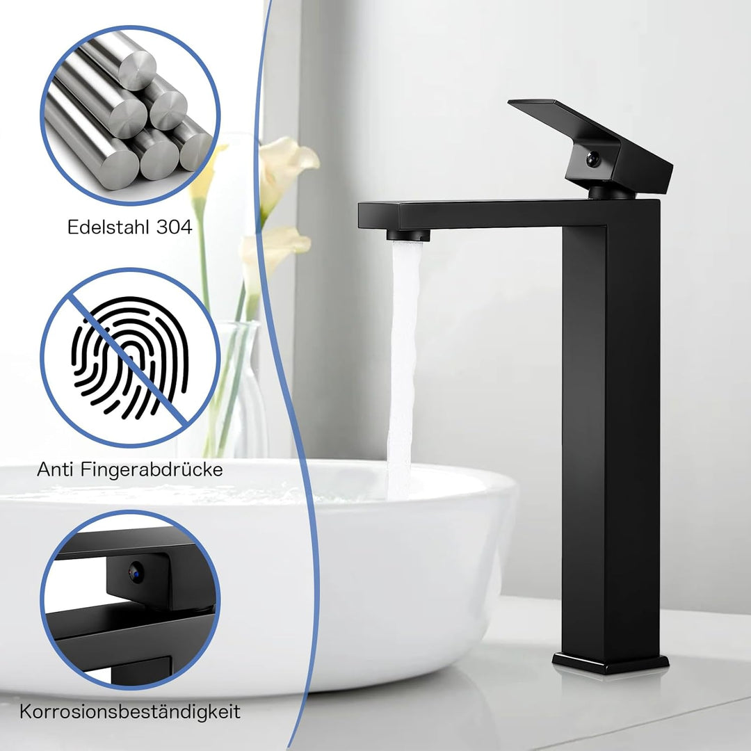 Waschtischarmatur Schwarz Hoch, BOOXELY Waschbeckenarmatur Wasserhahn Bad, Armatur Badezimmer Mischb