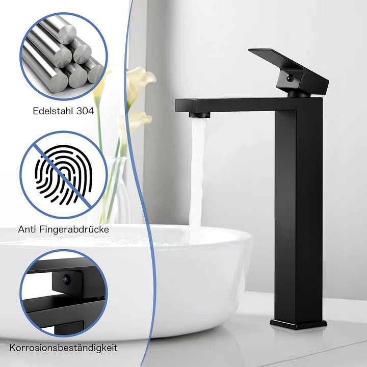 Waschtischarmatur Schwarz Hoch, BOOXELY Waschbeckenarmatur Wasserhahn Bad, Armatur Badezimmer Mischb