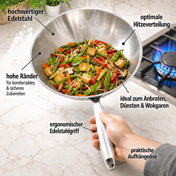 ⌀30 cm Wok Pfanne aus Edelstahl, unbeschichtet &amp; langlebig, 3-lagiges Material für optimale Wärmever