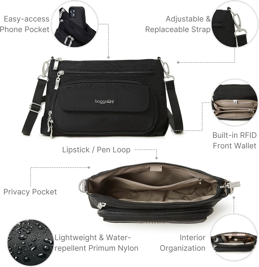 Baggallini Damen Original RFID Everyday Crossbody Bag Umhängetasche, Einheitsgrösse Schwarz, Schwarz