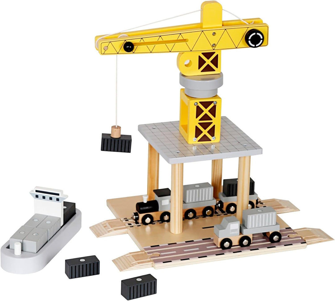 Beweglicher Hafenkran mit Magnetwinde und Zubehör - Holz-Set, 360° Kran, LKW, Wagen, Anhänger, Spiel