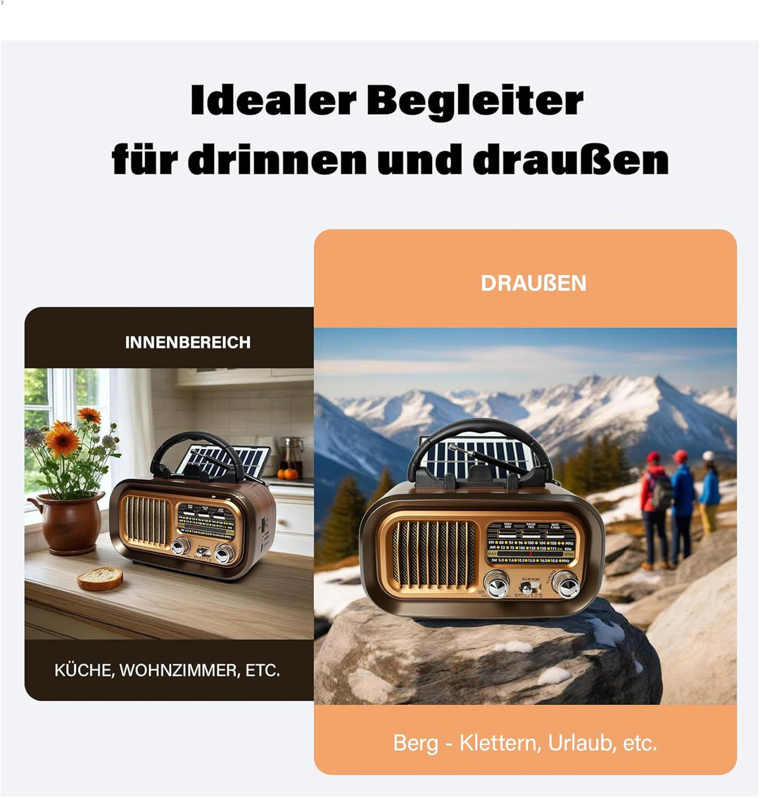 Retro Radio mit mit Solarzelle, AM/FM/SW Klein Radio Batteriebetrieben und Küchenausführung 1200mAh