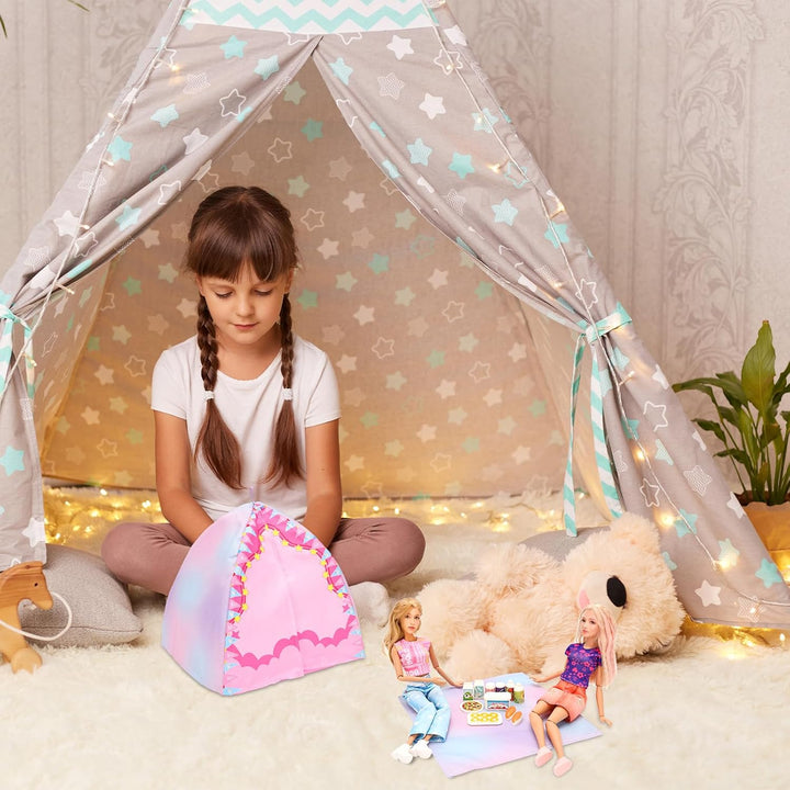 Miunana Camping Spielset mit Zelt Puppenkleidung Schlafsack Wanderrucksack Kleider Kleidung Zubehör